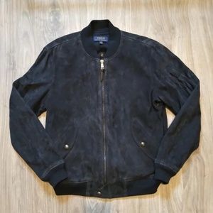 $1200 Polo Ralph Lauren Navy Blue Suede Aviator Bomber Jacket - Medium